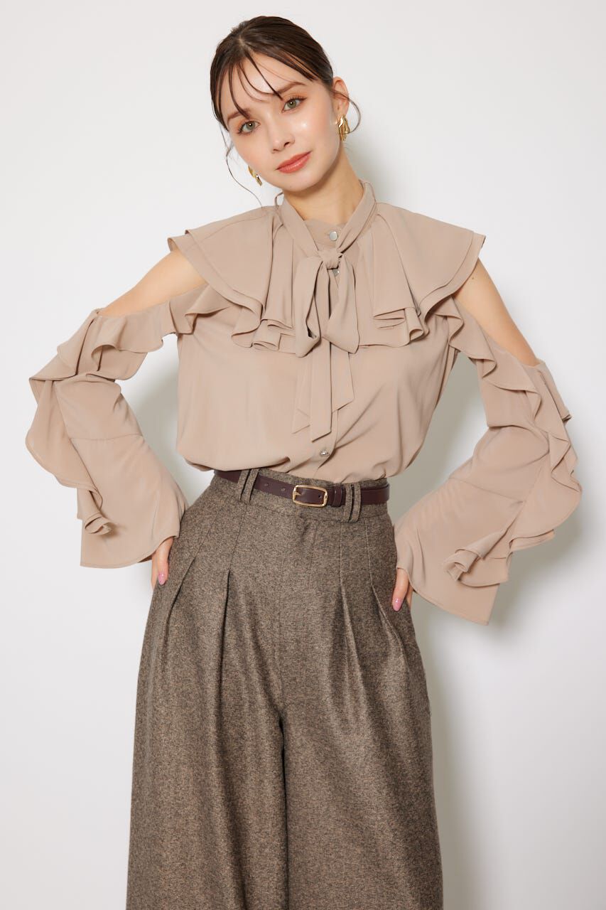 rienda「フリルスリーブビッグカラーリボンブラウス」|シャツ・ブラウス|