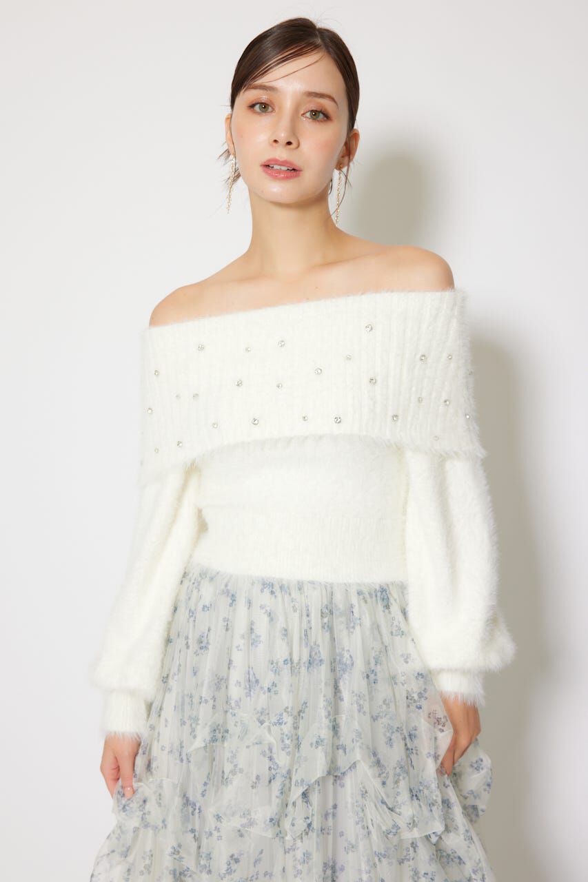 rienda「オフショルビジューシャギーニットトップス」|ニット・セーター|