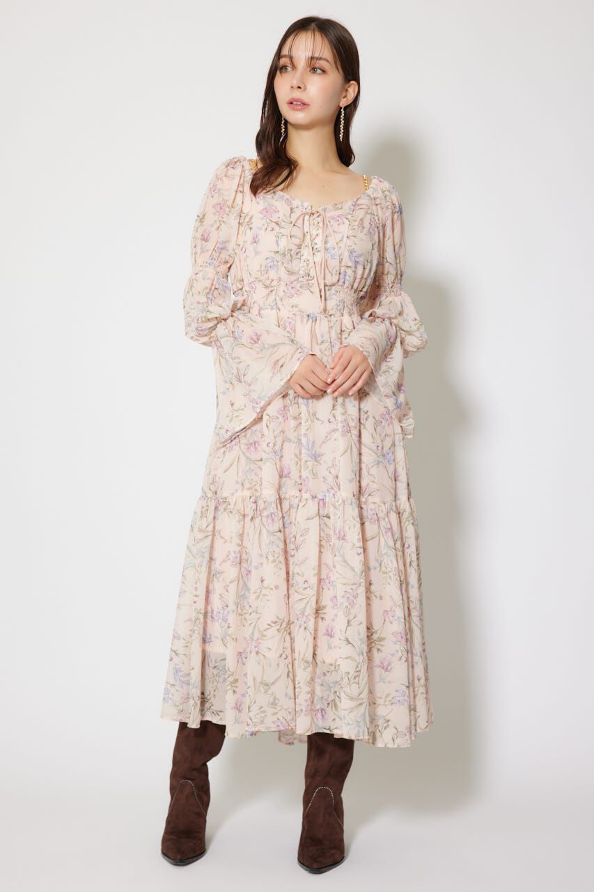 rienda「レースアップフラワーパターンフレアワンピース」|ワンピース|