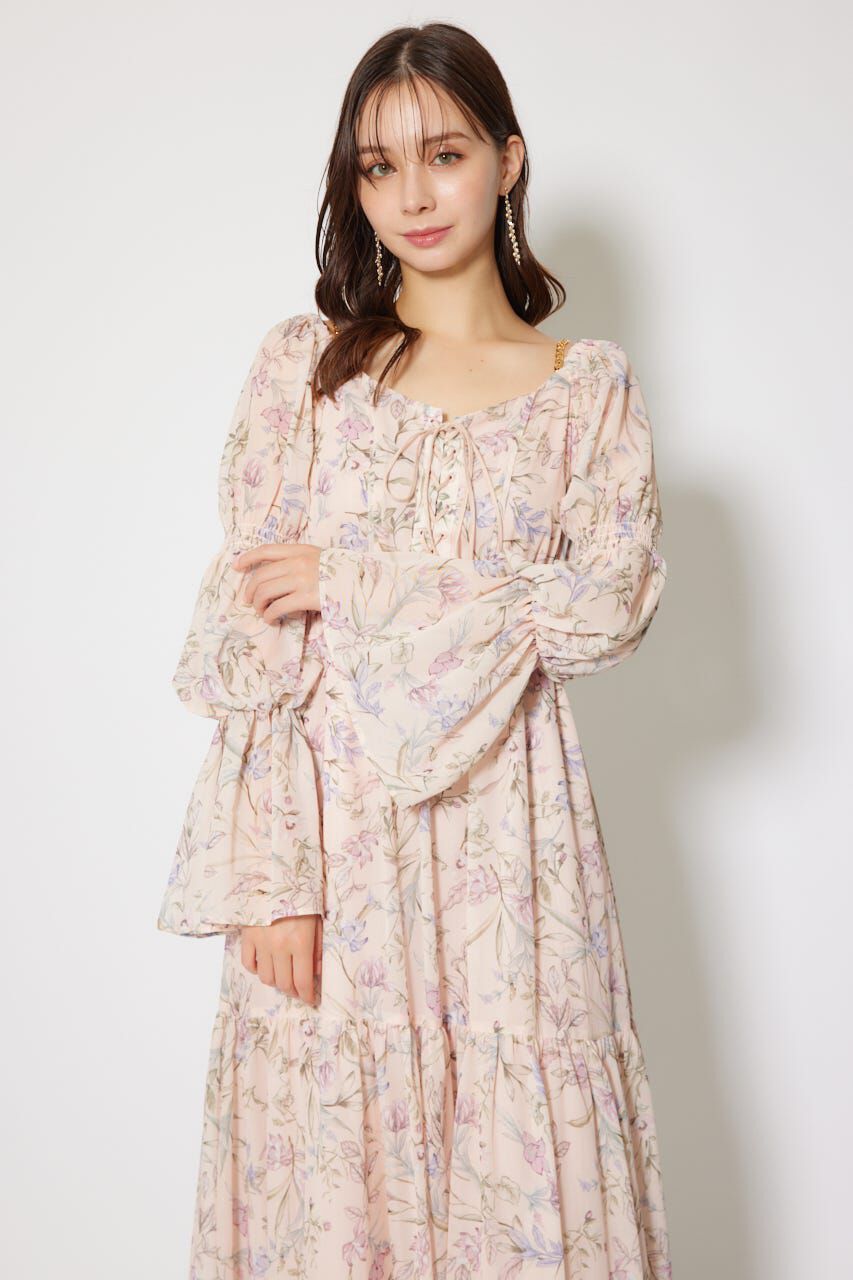 rienda「レースアップフラワーパターンフレアワンピース」|ワンピース|