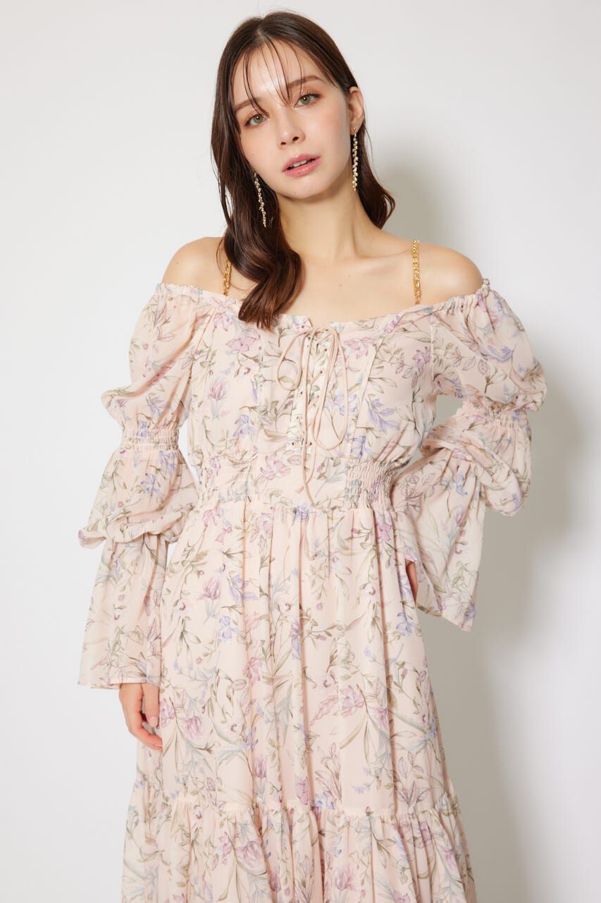 rienda「レースアップフラワーパターンフレアワンピース」|ワンピース|