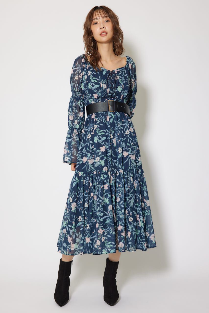 rienda「レースアップフラワーパターンフレアワンピース」|ワンピース|