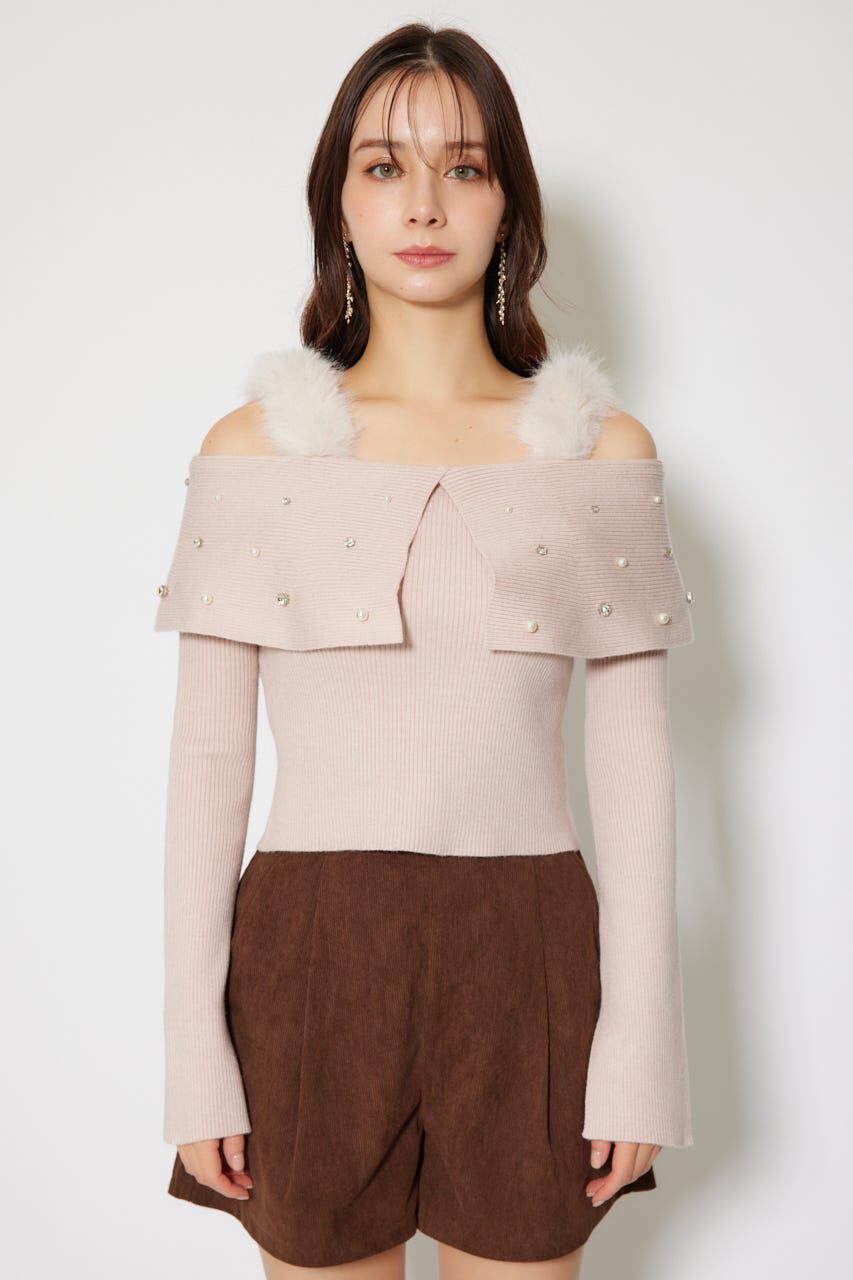 rienda「ショルダーフェイクファービジューニットトップス」|ニット・セーター|