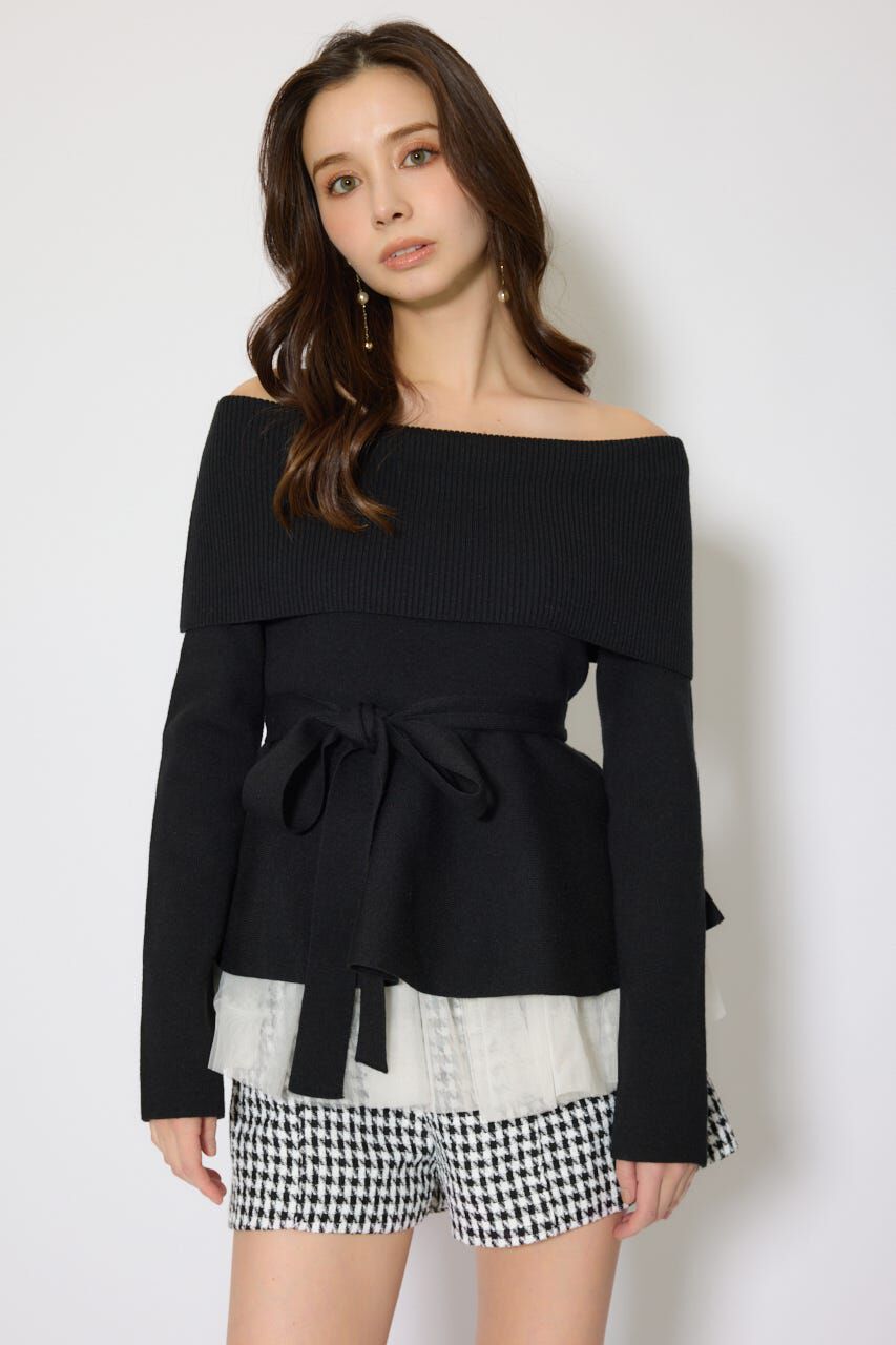 rienda「チュールレイヤードペプラムニットトップス」|ニット・セーター|BLK