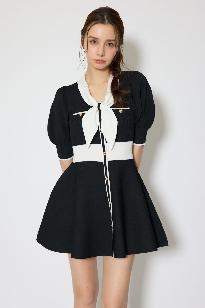 rienda「バイカラーパフスリーブミニニットワンピース」|ワンピース|BLK