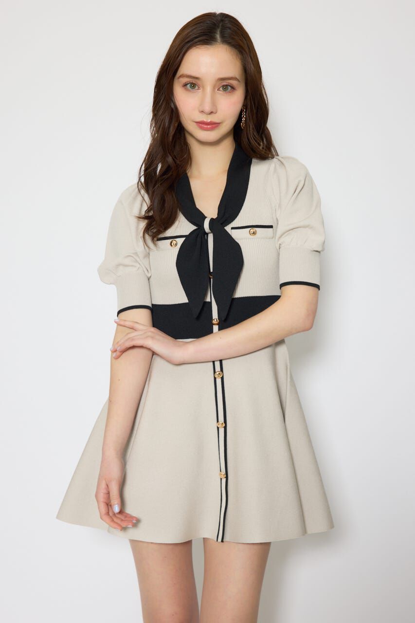 rienda「バイカラーパフスリーブミニニットワンピース」|ワンピース|BEG