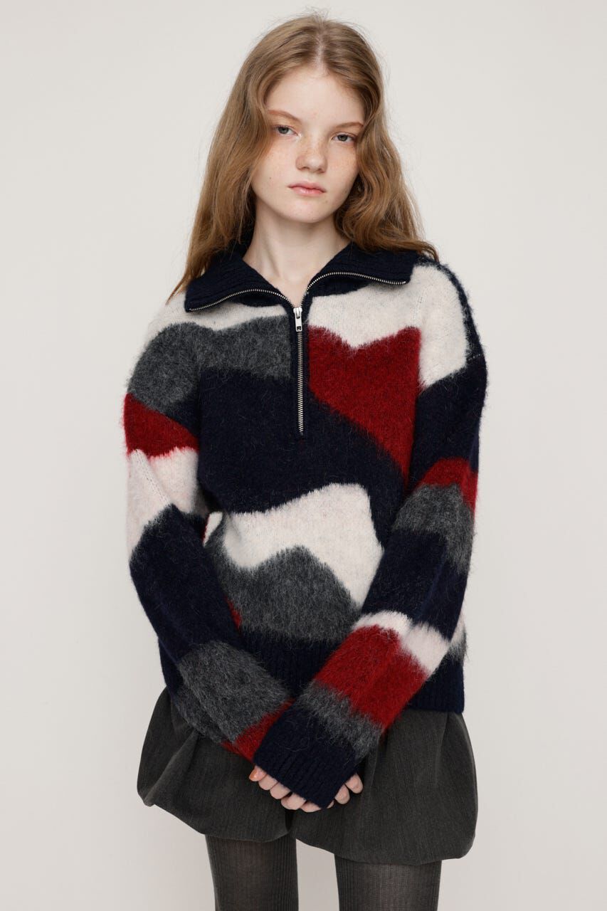 SLY「FRONT ZIP MARBLE KNIT トップス」|ニット・セーター|NVY
