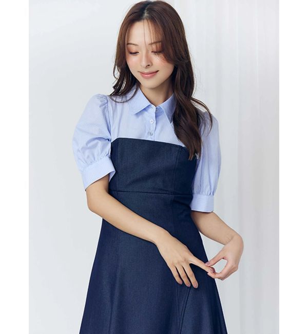 MERCURYDUO「シャツドッキングベアワンピース」|ワンピース|