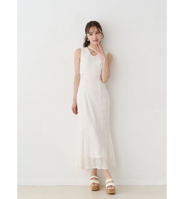 MERCURYDUO「カットレースブロッキングマーメイドワンピース」|ワンピース|オフホワイト