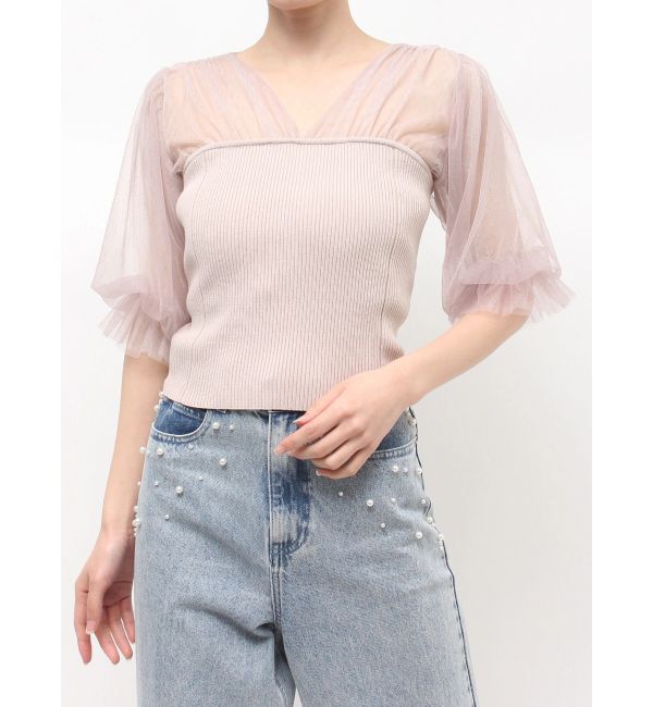 MERCURYDUO「チュールギャザー使いニット」|ニット・セーター|ベビーピンク