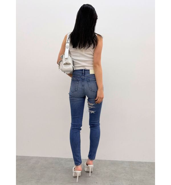 GYDA「ミドルウエストSIDE CUT INNER DAMAGEスキニーデニムパンツ」|デニム|