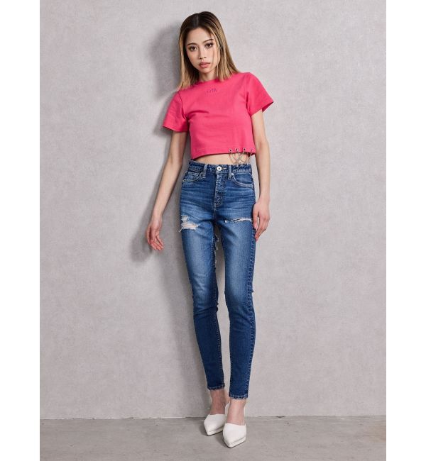 GYDA「ミドルウエストSIDE CUT INNER DAMAGEスキニーデニムパンツ」|デニム|