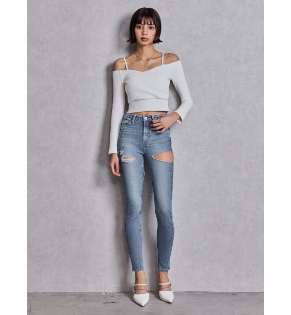 GYDA「ミドルウエストSIDE CUT INNER DAMAGEスキニーデニムパンツ」|デニム|