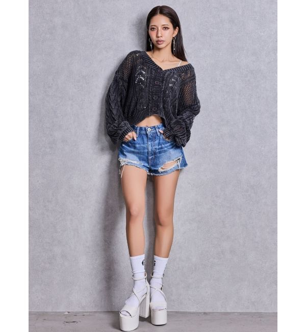 GYDA「ハイウエストBACK RIPPEDデニムショートパンツ」|デニム|