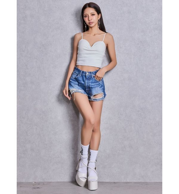 GYDA「ハイウエストBACK RIPPEDデニムショートパンツ」|デニム|