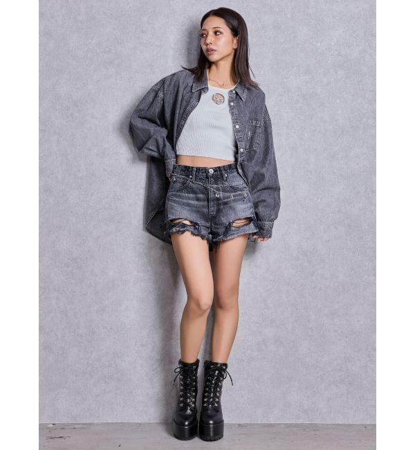 GYDA「ハイウエストBACK RIPPEDデニムショートパンツ」|デニム|