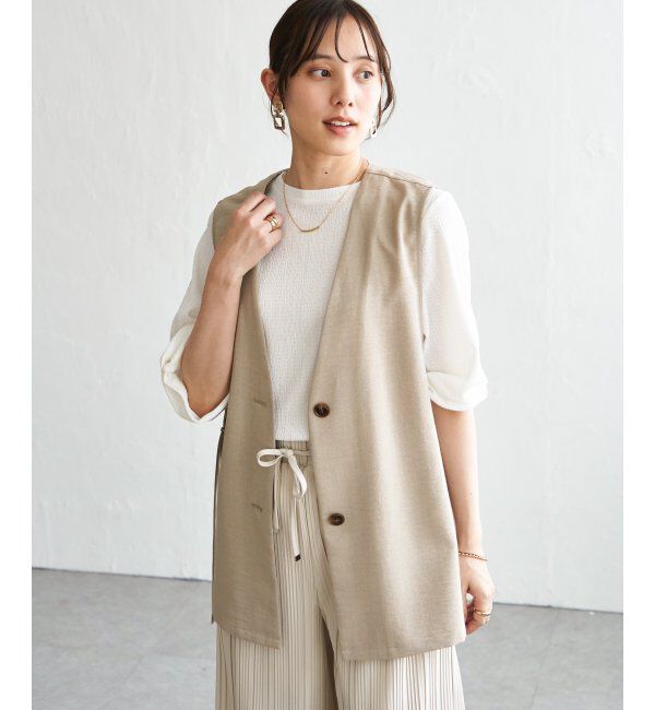 ikka「ノーカラーサイドベルトジレ」|ダウンベスト・ベスト|ベージュ