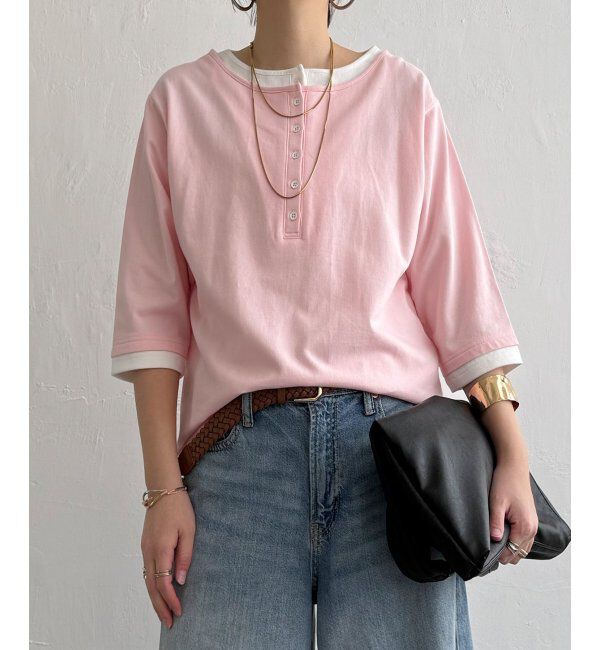 Lbc with Life「ヘンリーネックレイヤー7分袖Tシャツ」|その他|ピンク