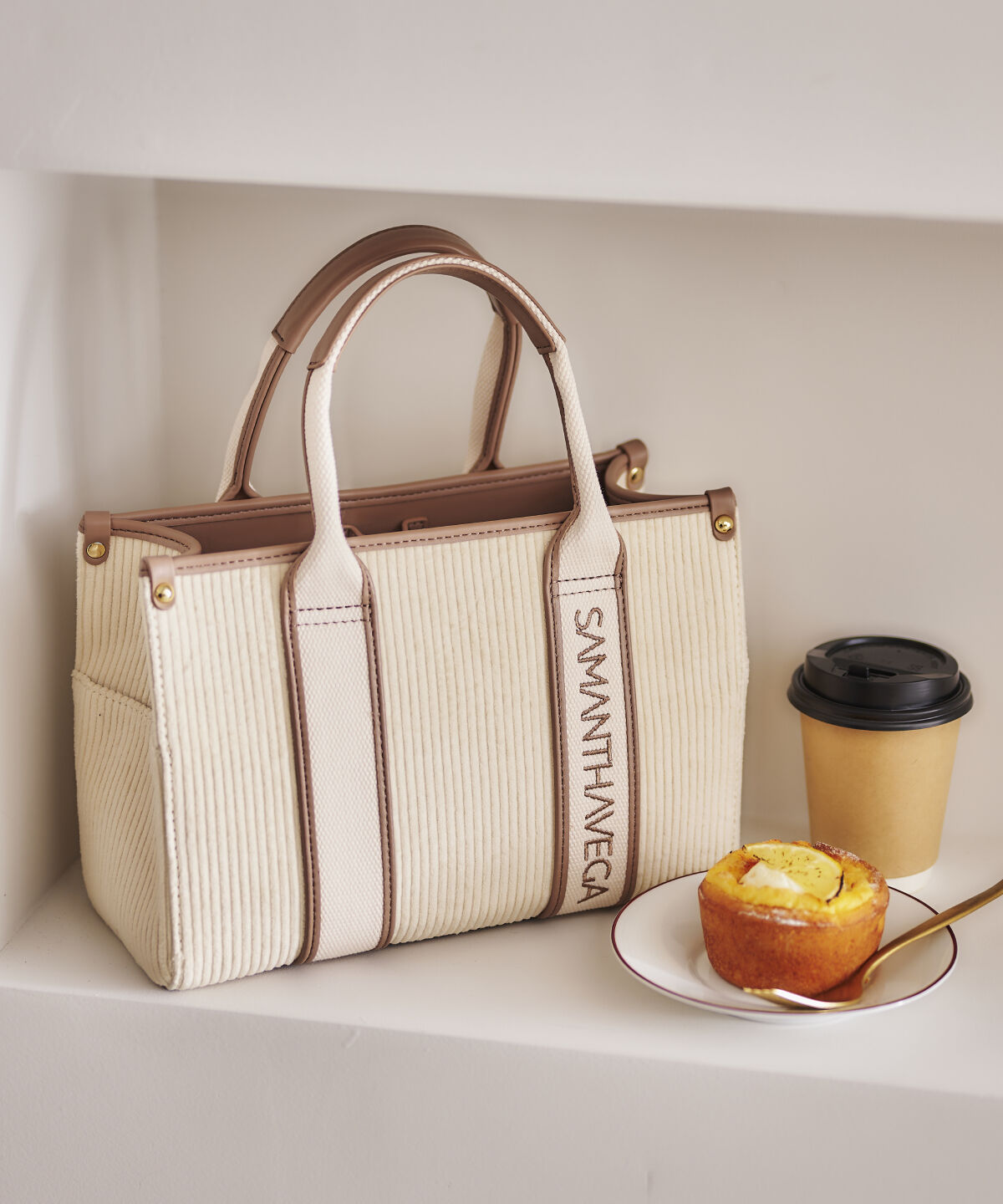 Samantha Vega「ロゴテープコーデュロイトート（小）」|ハンドバッグ|オフホワイト