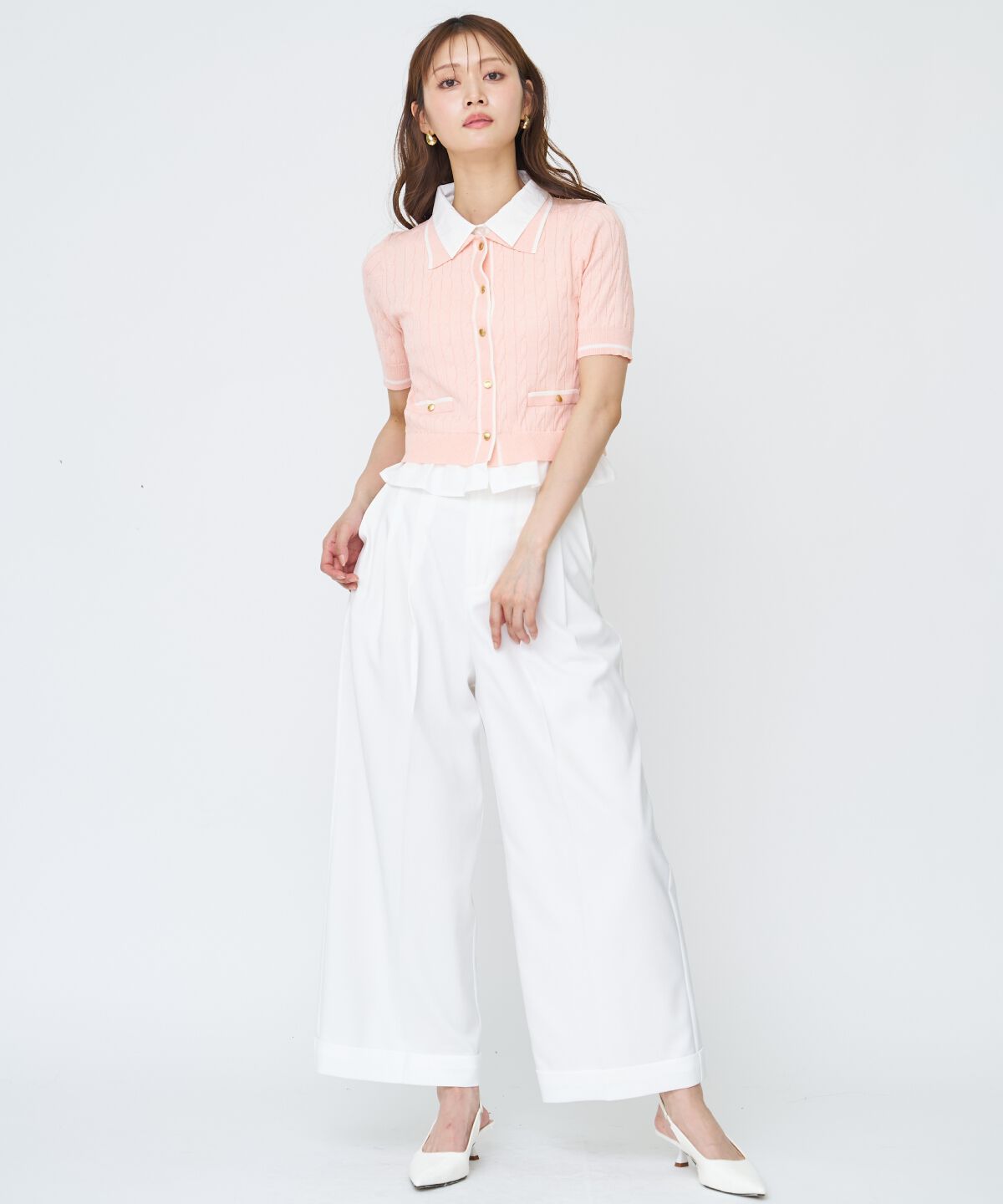 アンドクチュール「配色シャツ襟ペプラムニットプルオーバー」|ニット・セーター|