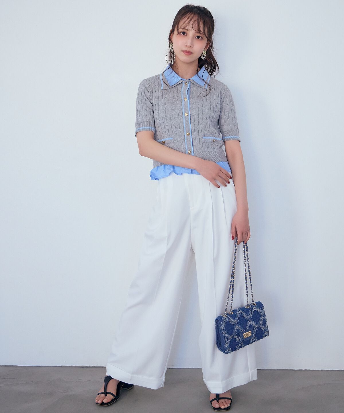 アンドクチュール「配色シャツ襟ペプラムニットプルオーバー」|ニット・セーター|