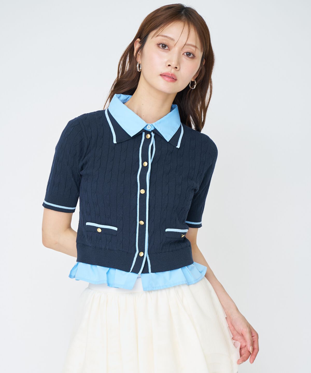 アンドクチュール「配色シャツ襟ペプラムニットプルオーバー」|ニット・セーター|