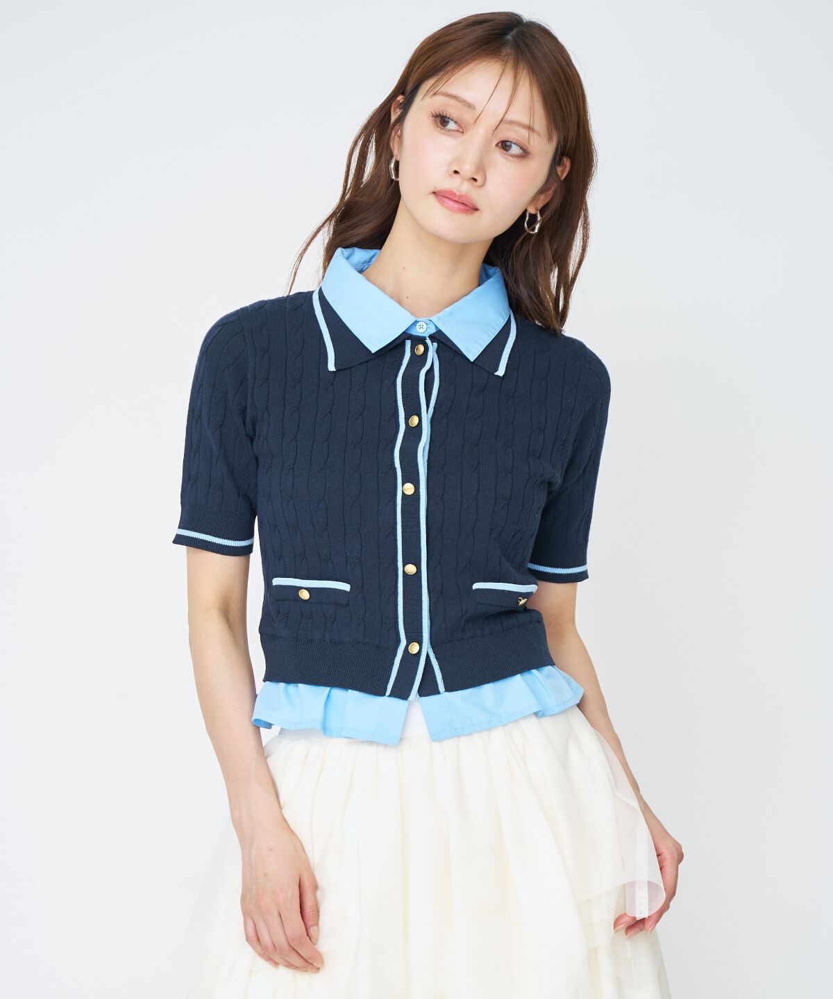 アンドクチュール「配色シャツ襟ペプラムニットプルオーバー」|ニット・セーター|