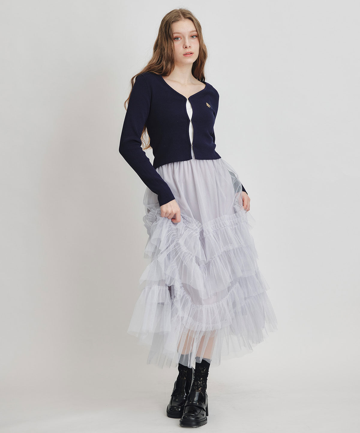 REDYAZEL「ギャザーチュールティアードロングスカート」|フレア|