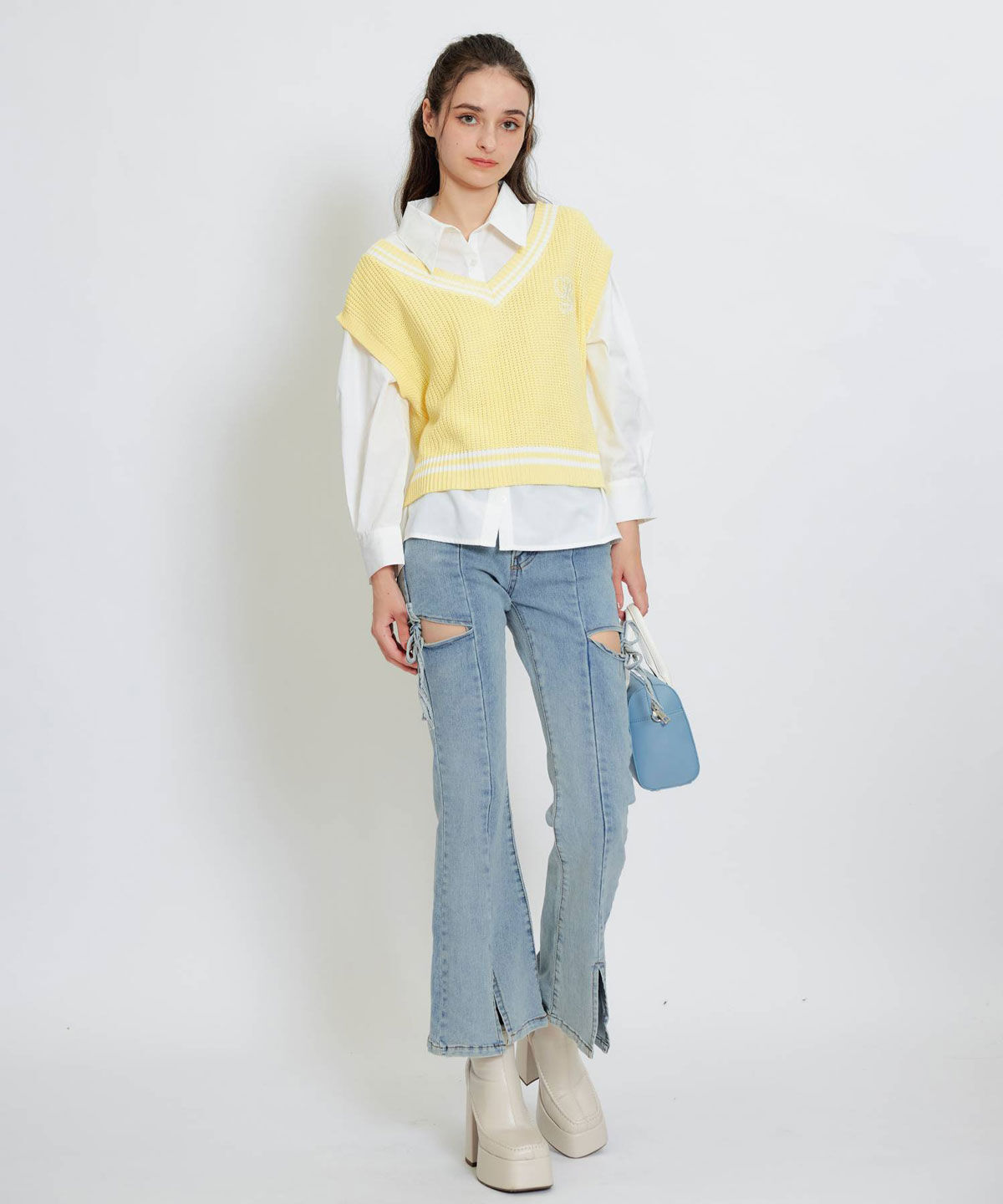 REDYAZEL「カレッジライクラインベスト&times;シャツブラウス」|ニット・セーター|