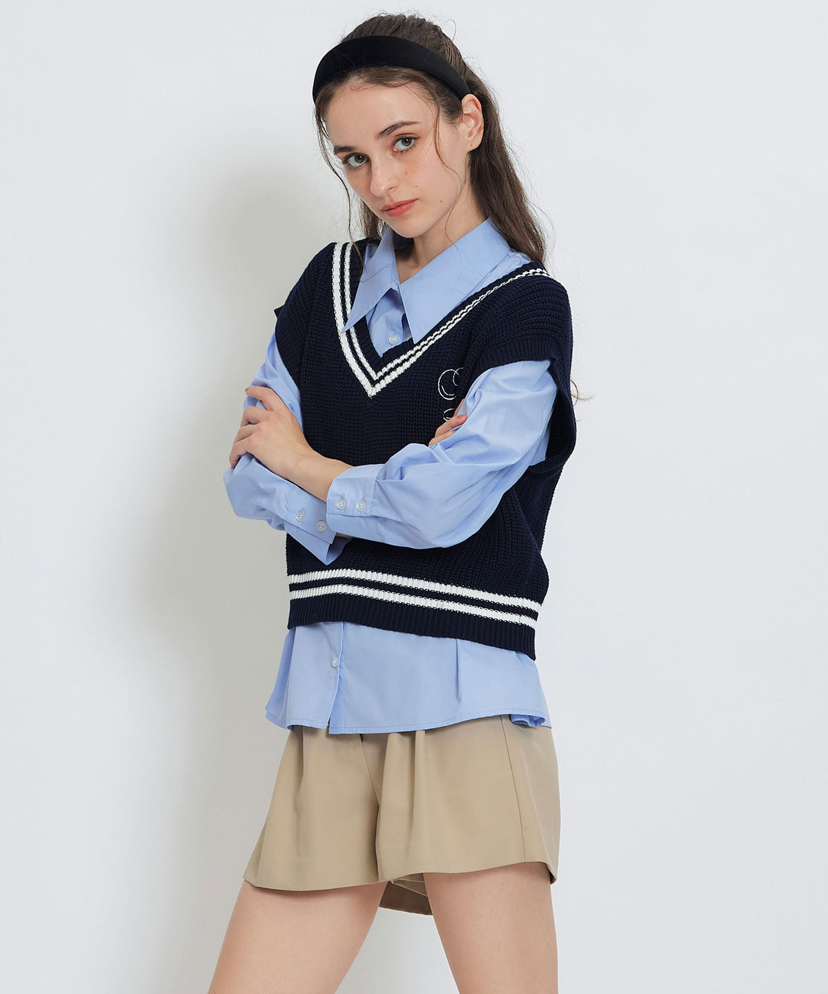 REDYAZEL「カレッジライクラインベスト&times;シャツブラウス」|ニット・セーター|