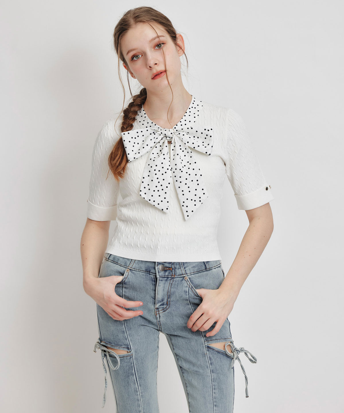 REDYAZEL「ケーブルリボンタイハーフスリーブニットプルオーバー」|ニット・セーター|