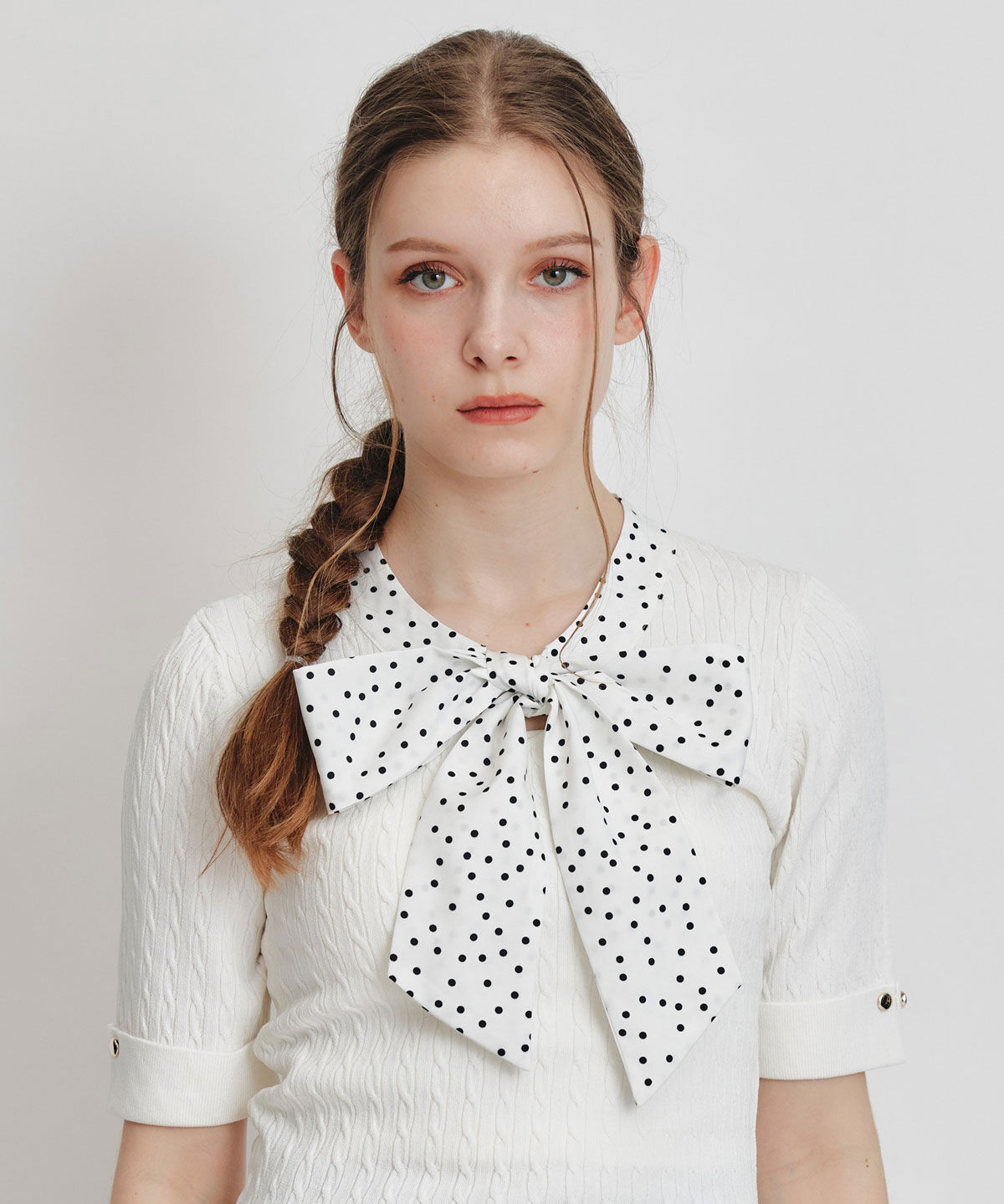 REDYAZEL「ケーブルリボンタイハーフスリーブニットプルオーバー」|ニット・セーター|