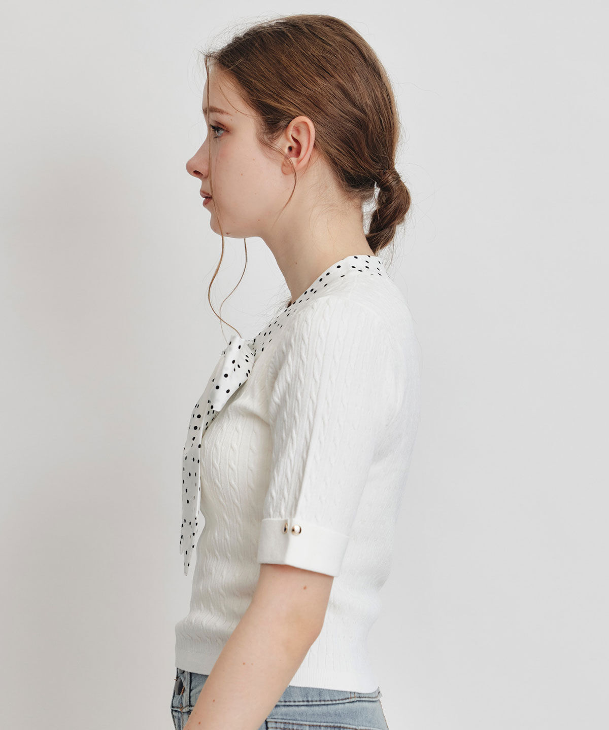 REDYAZEL「ケーブルリボンタイハーフスリーブニットプルオーバー」|ニット・セーター|