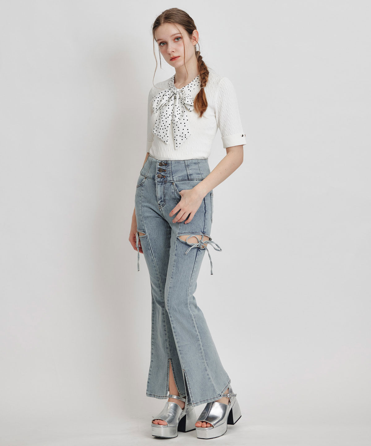 REDYAZEL「ケーブルリボンタイハーフスリーブニットプルオーバー」|ニット・セーター|