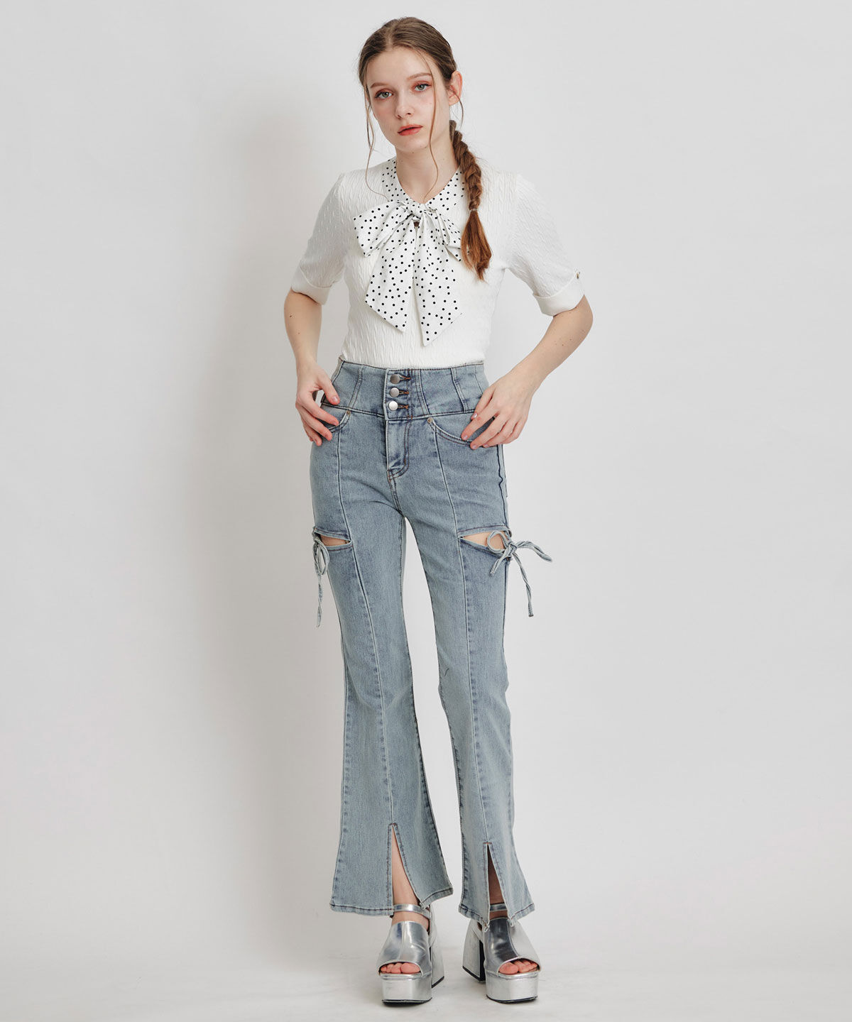 REDYAZEL「ケーブルリボンタイハーフスリーブニットプルオーバー」|ニット・セーター|