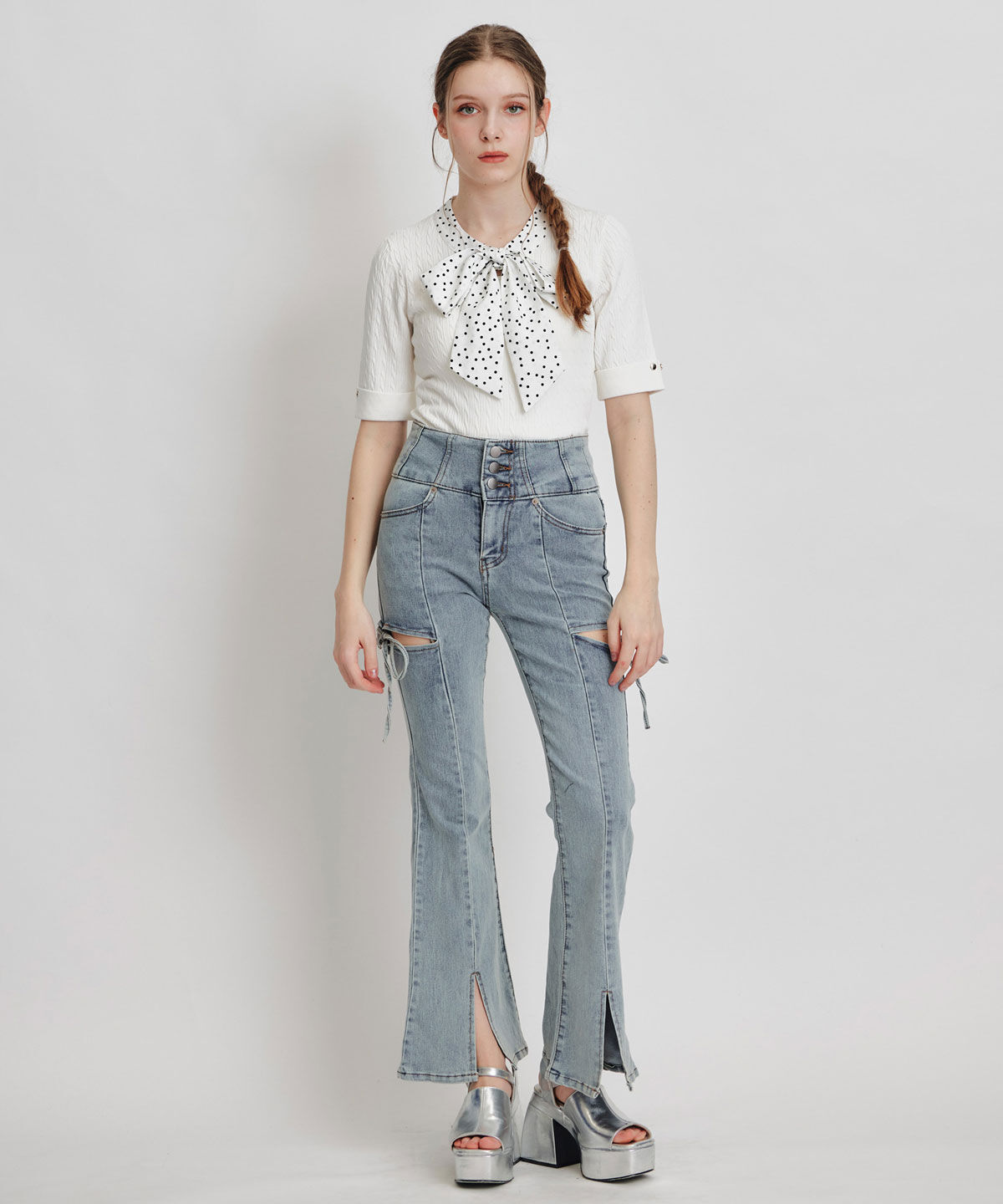 REDYAZEL「ケーブルリボンタイハーフスリーブニットプルオーバー」|ニット・セーター|