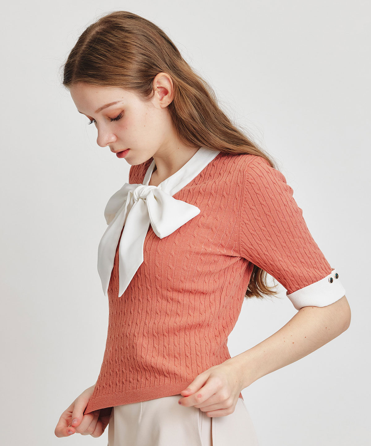 REDYAZEL「ケーブルリボンタイハーフスリーブニットプルオーバー」|ニット・セーター|