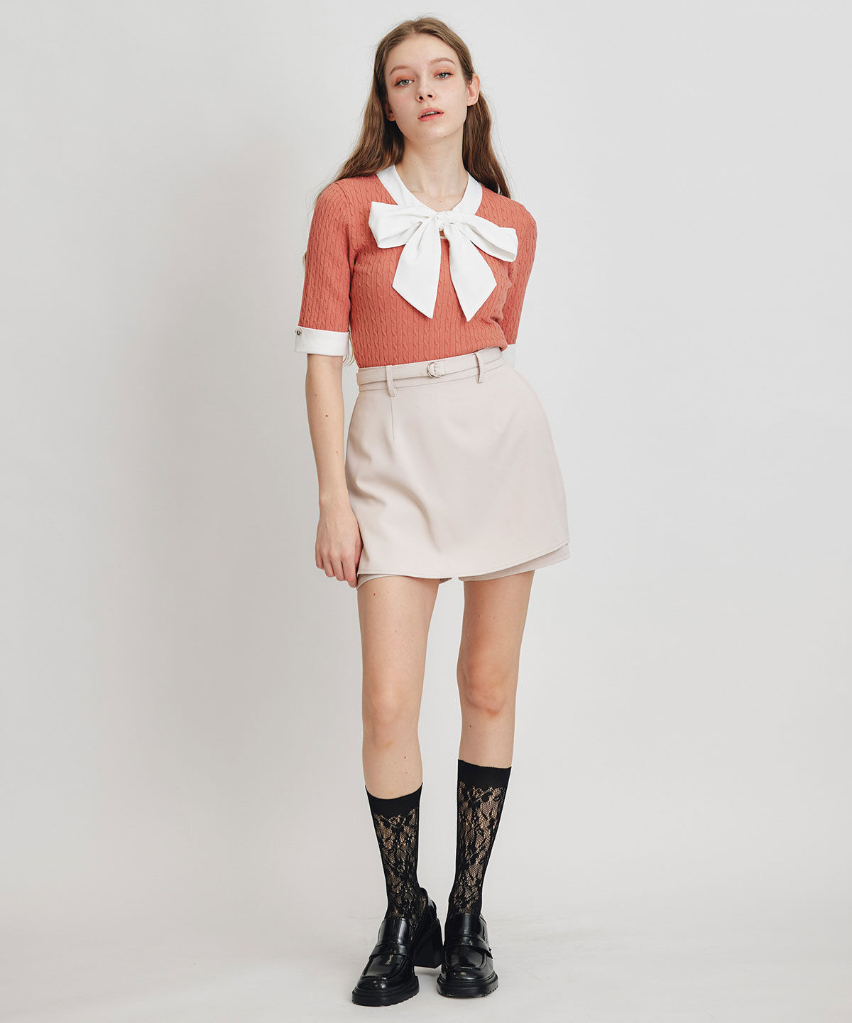 REDYAZEL「ケーブルリボンタイハーフスリーブニットプルオーバー」|ニット・セーター|