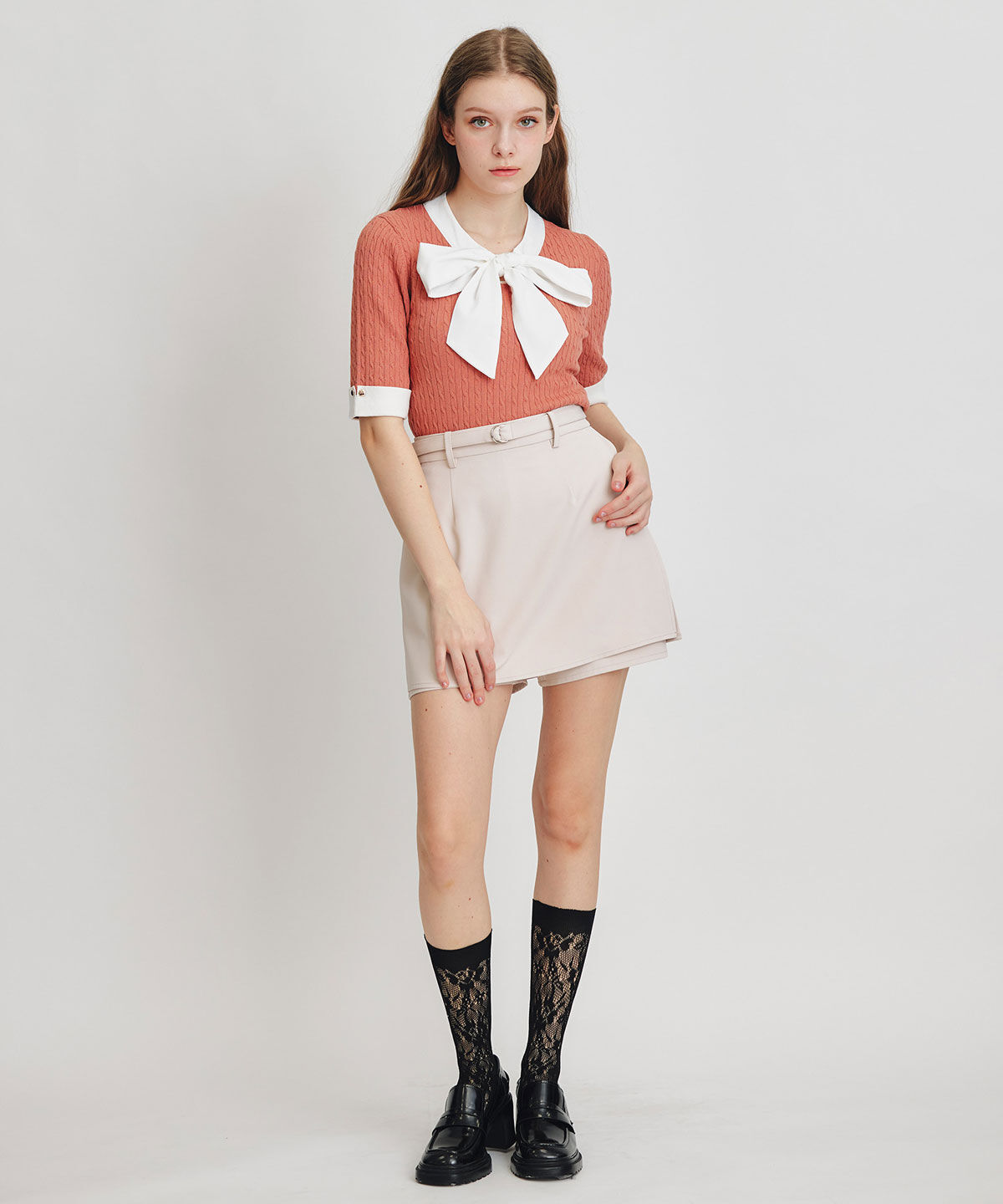 REDYAZEL「ケーブルリボンタイハーフスリーブニットプルオーバー」|ニット・セーター|