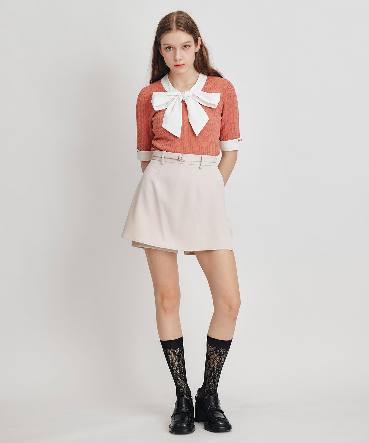 REDYAZEL「ケーブルリボンタイハーフスリーブニットプルオーバー」|ニット・セーター|