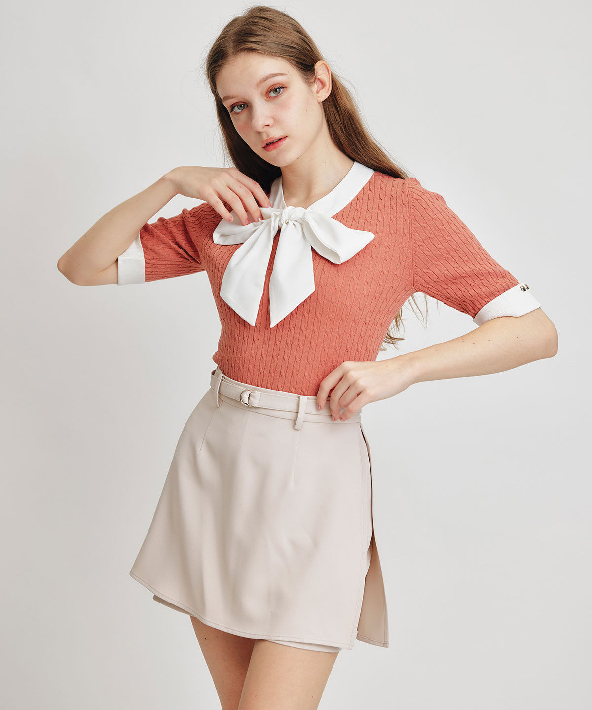 REDYAZEL「ケーブルリボンタイハーフスリーブニットプルオーバー」|ニット・セーター|