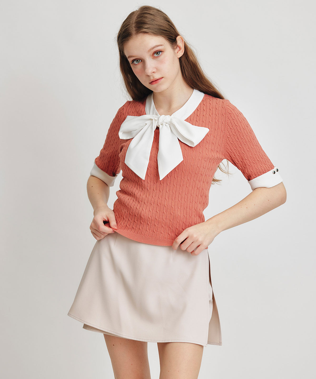 REDYAZEL「ケーブルリボンタイハーフスリーブニットプルオーバー」|ニット・セーター|