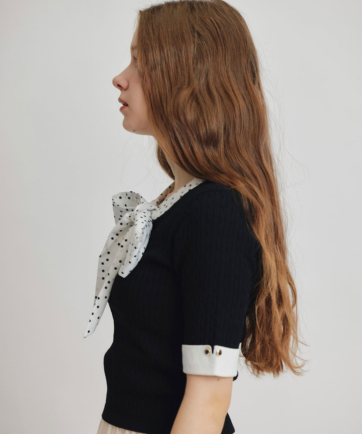 REDYAZEL「ケーブルリボンタイハーフスリーブニットプルオーバー」|ニット・セーター|