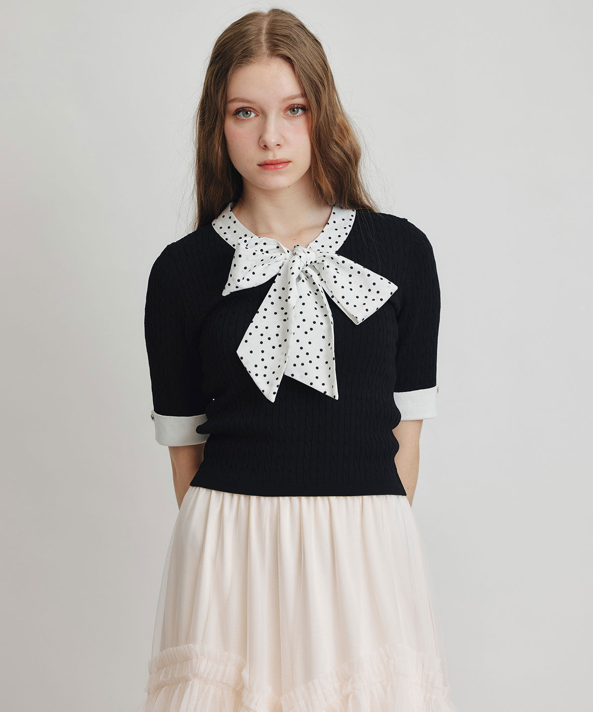 REDYAZEL「ケーブルリボンタイハーフスリーブニットプルオーバー」|ニット・セーター|