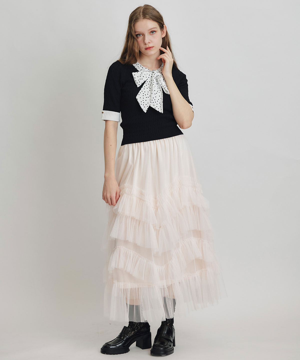 REDYAZEL「ケーブルリボンタイハーフスリーブニットプルオーバー」|ニット・セーター|