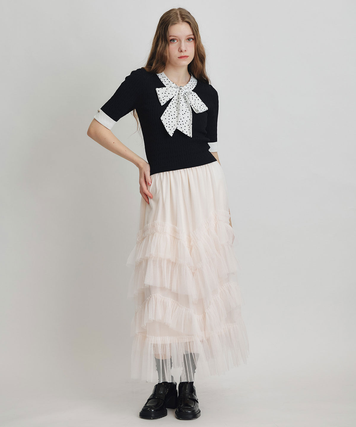 REDYAZEL「ケーブルリボンタイハーフスリーブニットプルオーバー」|ニット・セーター|