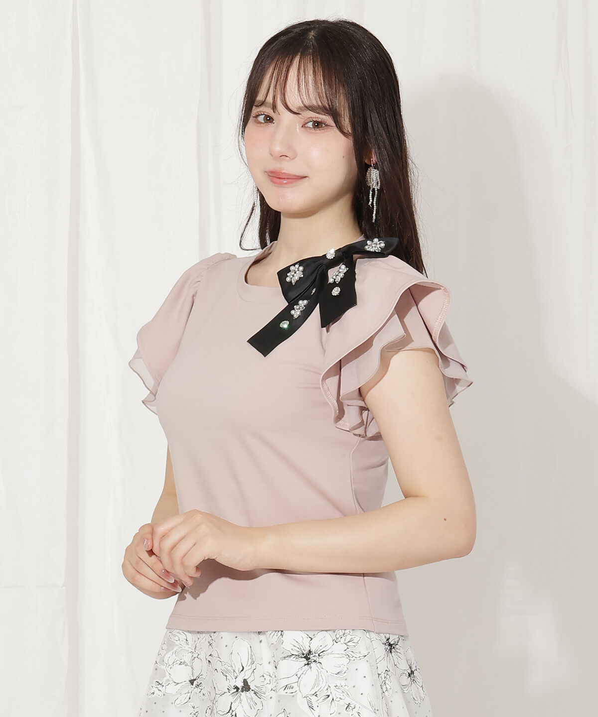 WILLSELECTION「ビジューリボン付き袖フリルプルオーバー」|Tシャツ・カットソー|