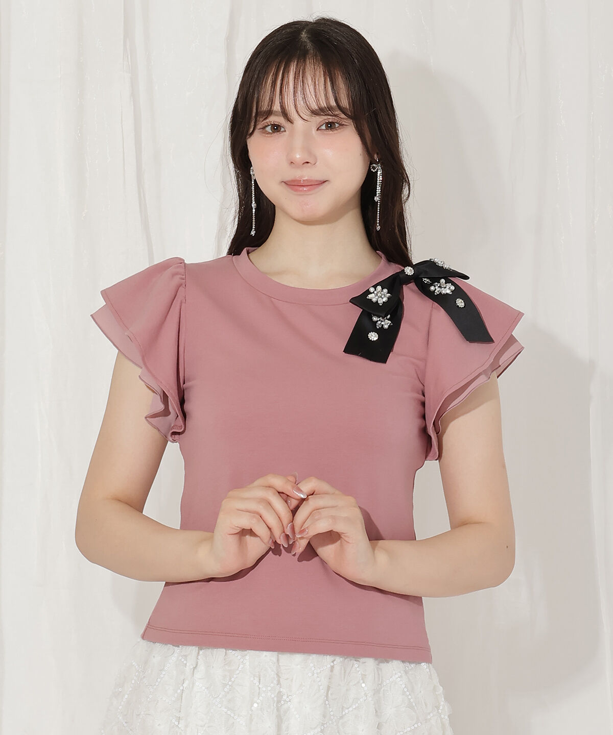 WILLSELECTION「ビジューリボン付き袖フリルプルオーバー」|Tシャツ・カットソー|