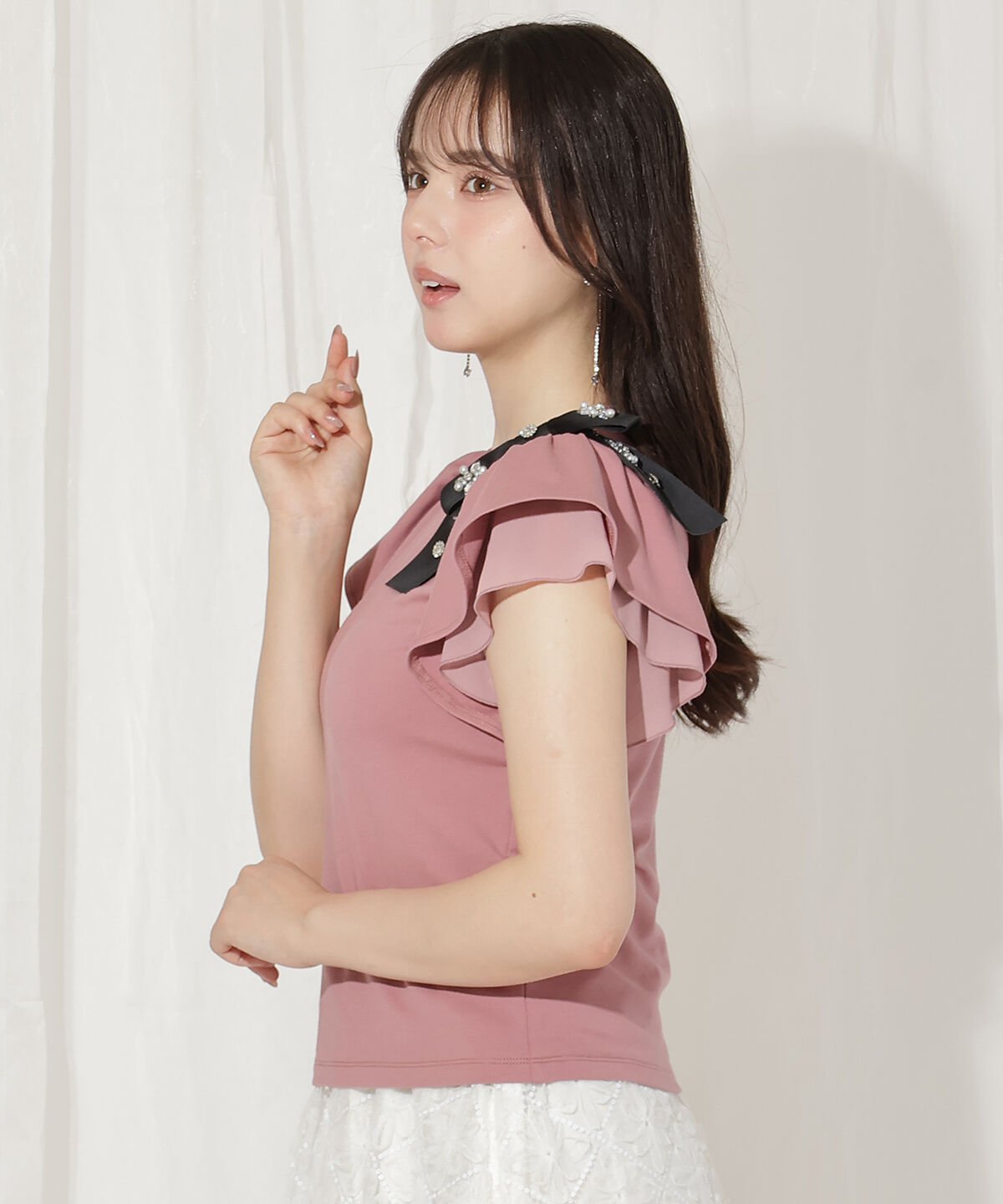 WILLSELECTION「ビジューリボン付き袖フリルプルオーバー」|Tシャツ・カットソー|