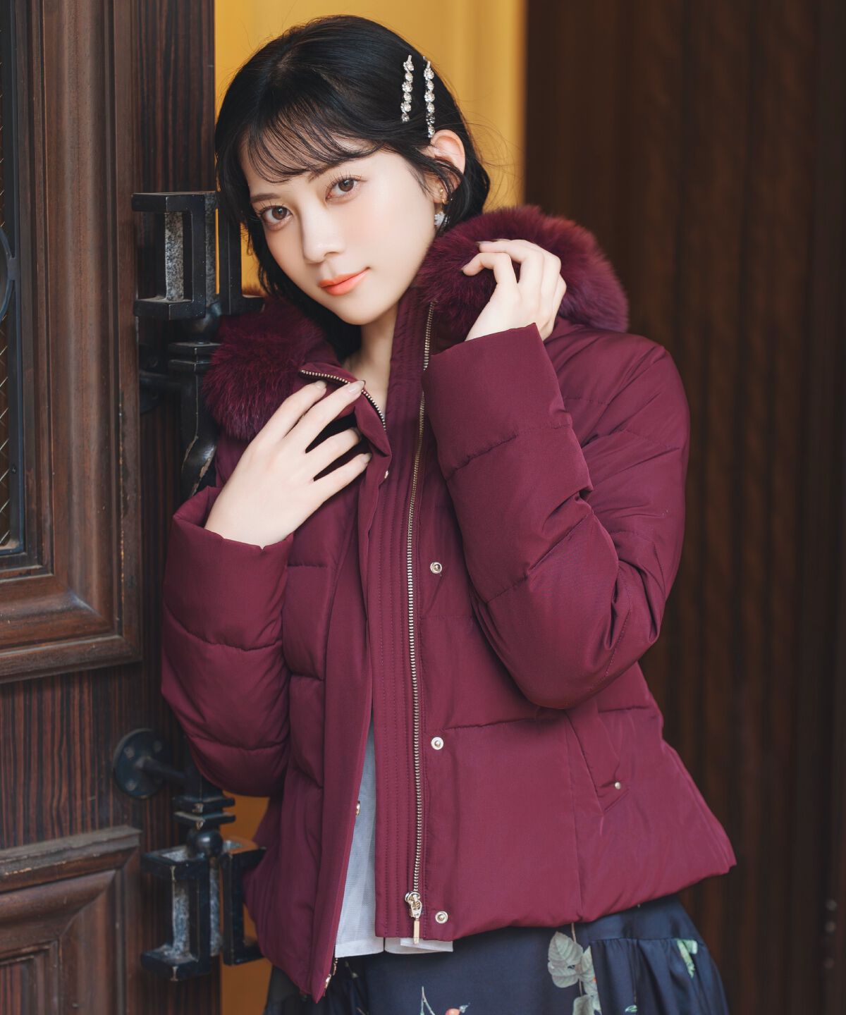 WILLSELECTION「フードファーペプラムショートダウン」|ダウン|ボルドー